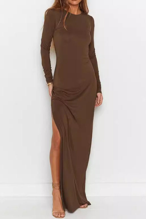 brown Round neck long sleeve hollowed-out backless bodycon dress