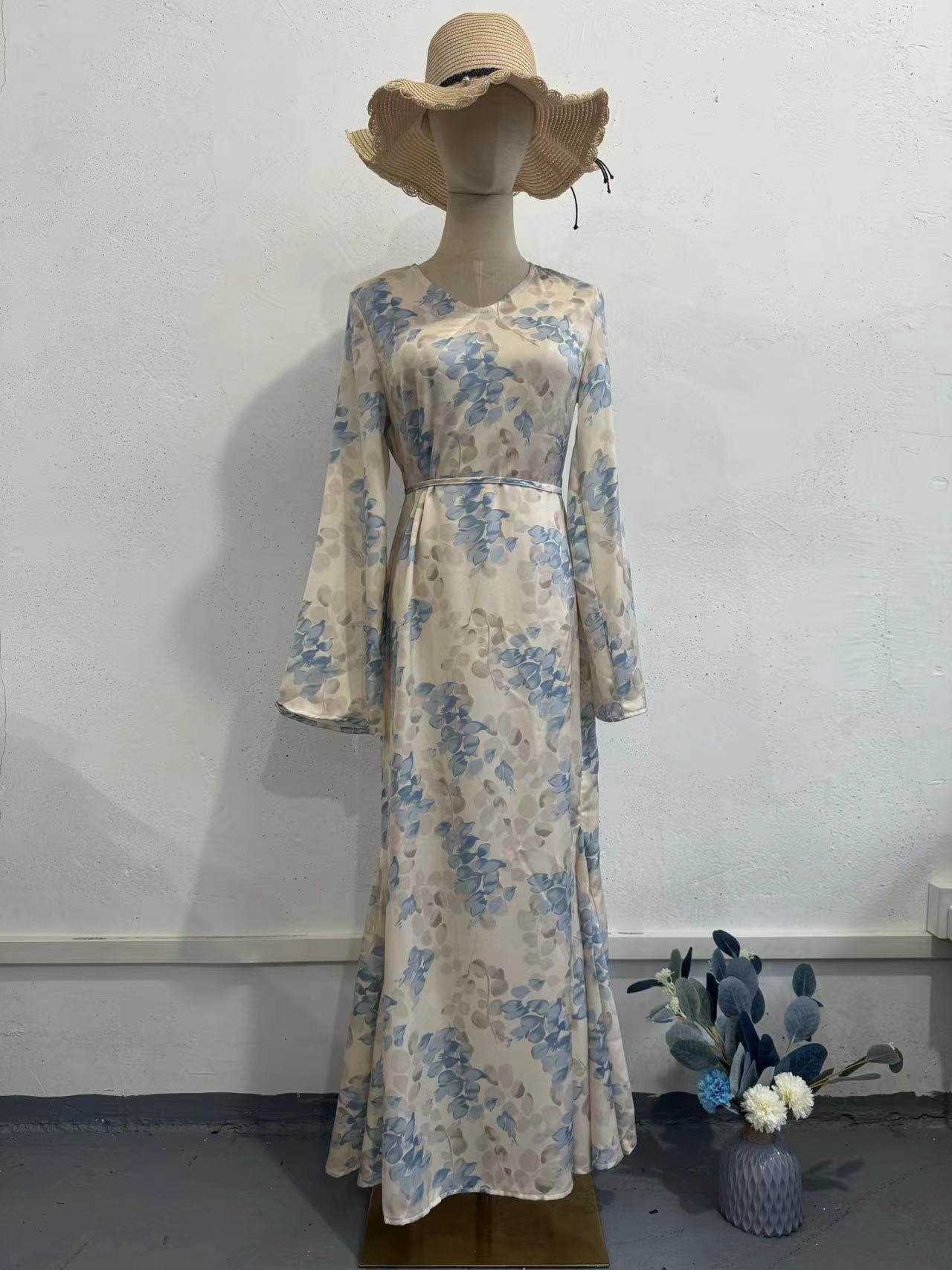 blue Satin floral Print maxi Dress