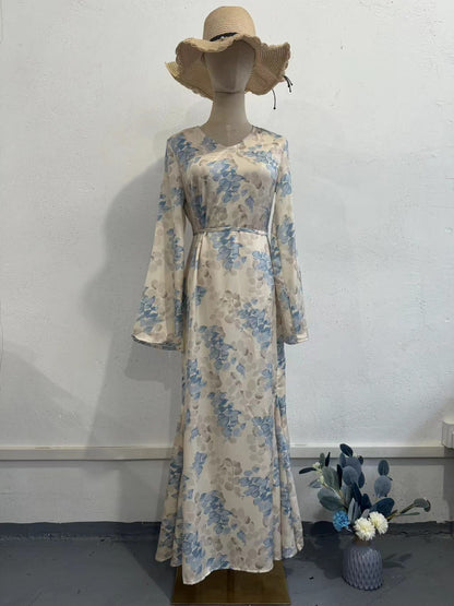 blue Satin floral Print maxi Dress