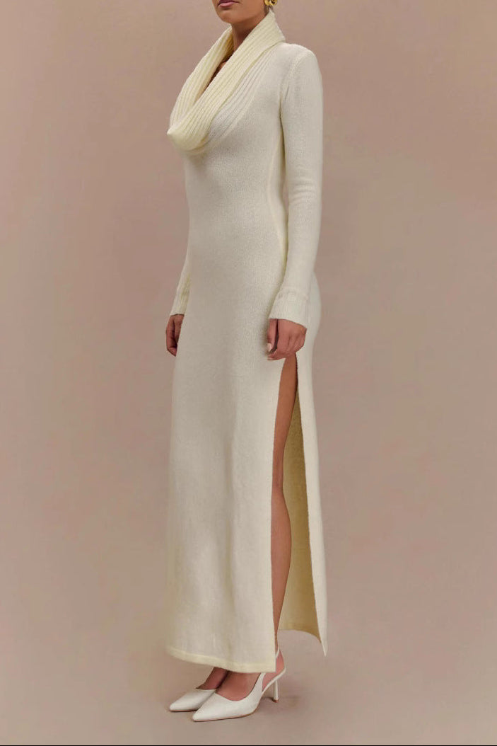 white drop-collar long-sleeved knitted dresses