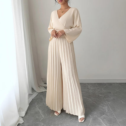 apricot V-Neck Pleated Wide-Leg Jumpsuit
