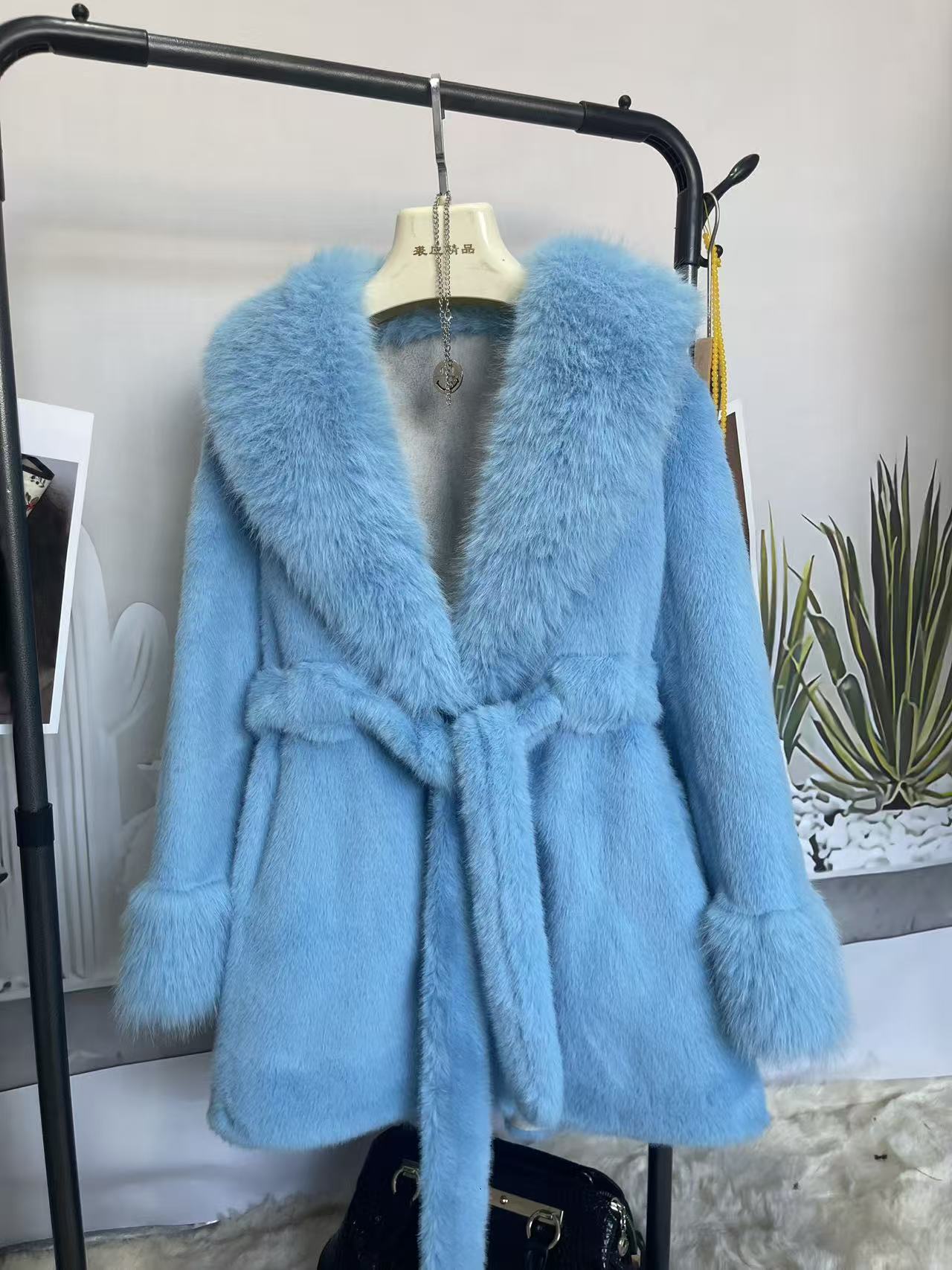 Big Fur Collar Long Mink Faux Fox Coat