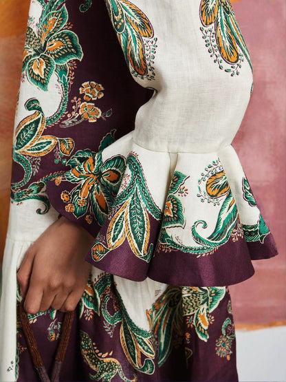 floral print Linen shirt collar mini dress