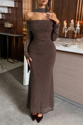 brown bandeau long sleeve hip maxi dress