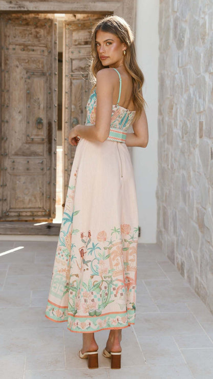 pink large swing floral linen sleeveless slip dress