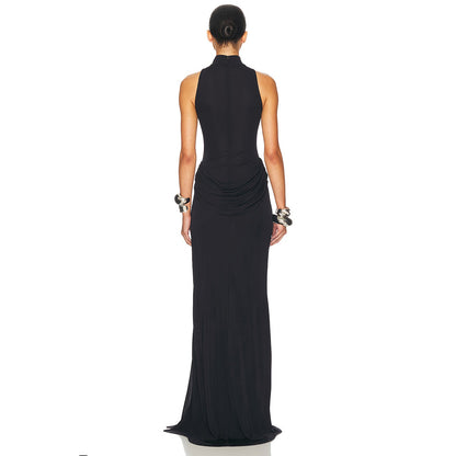 black high slit sleeveless pleated dress