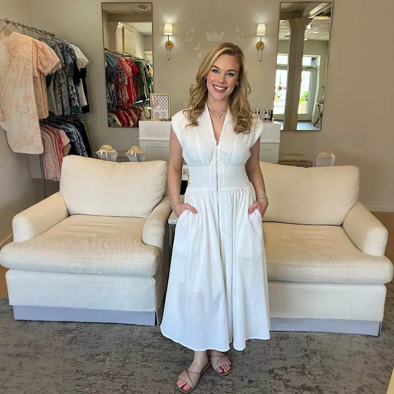 apricot cream stretch waist V-neck shoulder dress