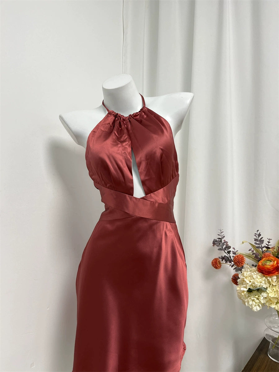 brown halterneck backless dress