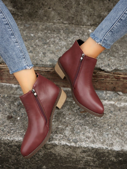 Asymmetric design zipper low thick heel chelsea boots