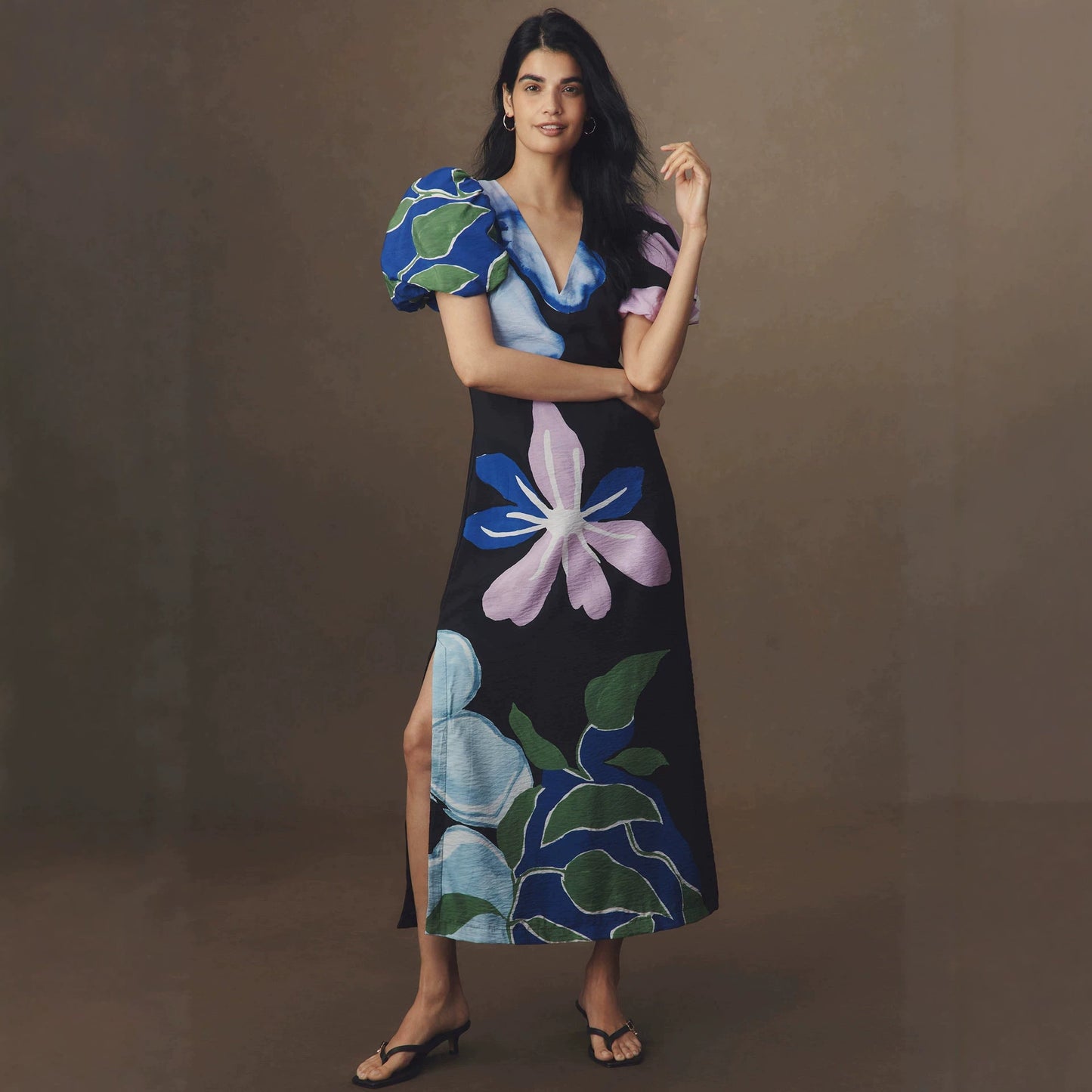Printed puff sleeve V-neck side slit maxi dress