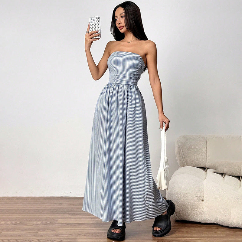 blue bandeau pocket long  dress