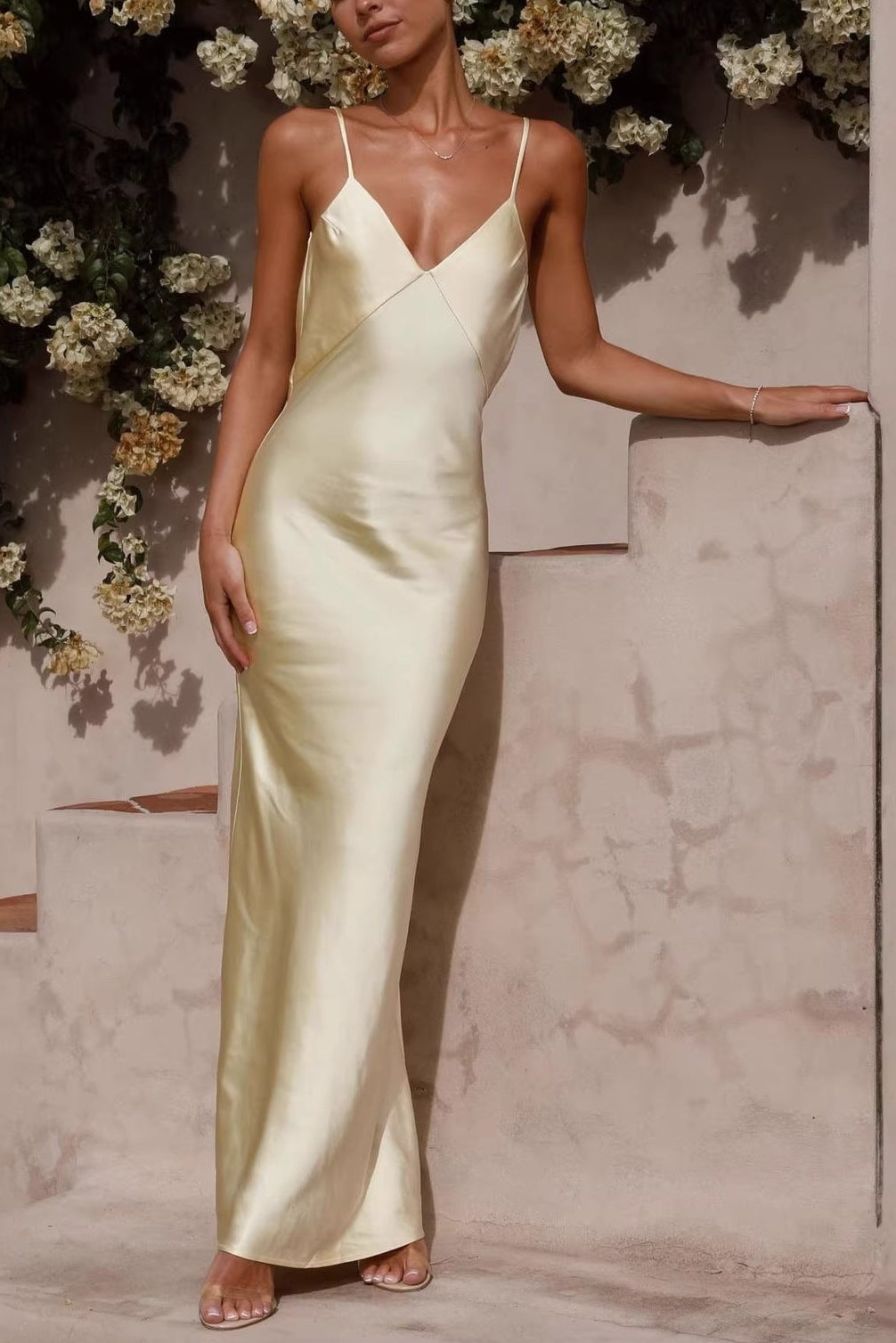 yellow backless suspender mermaid maxi dress