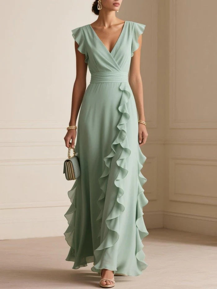 green Pleated Sleeveless V-Neck maxi Dress