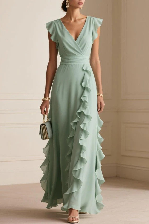 green Pleated Sleeveless V-Neck maxi Dress