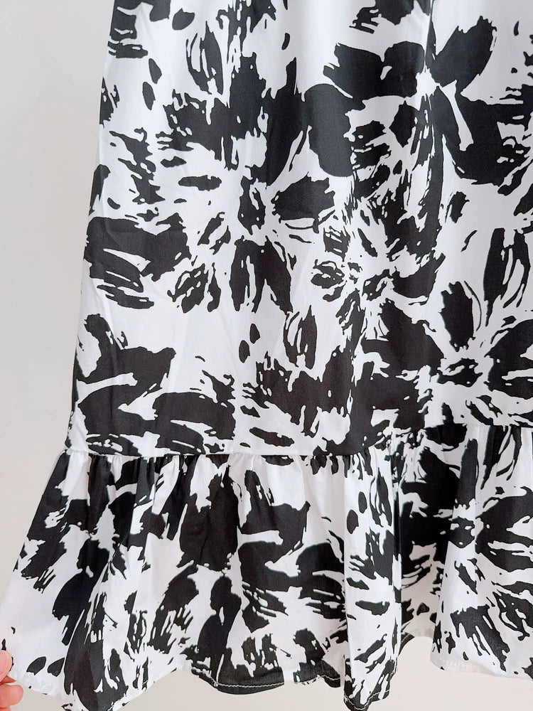 black and white ink painting floral puff sleeve  dress