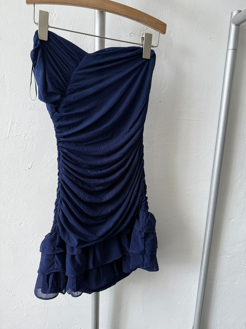 blue mesh bandeau mini dress