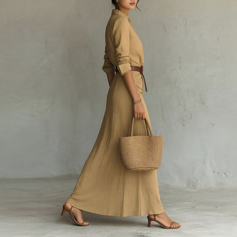 khaki waist slim V-neck dress