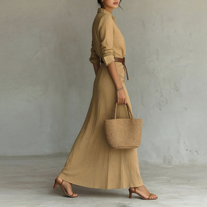 khaki waist slim V-neck dress