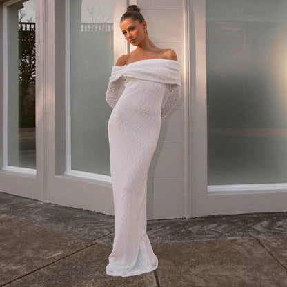 white long-sleeved knitted one-shoulder dress