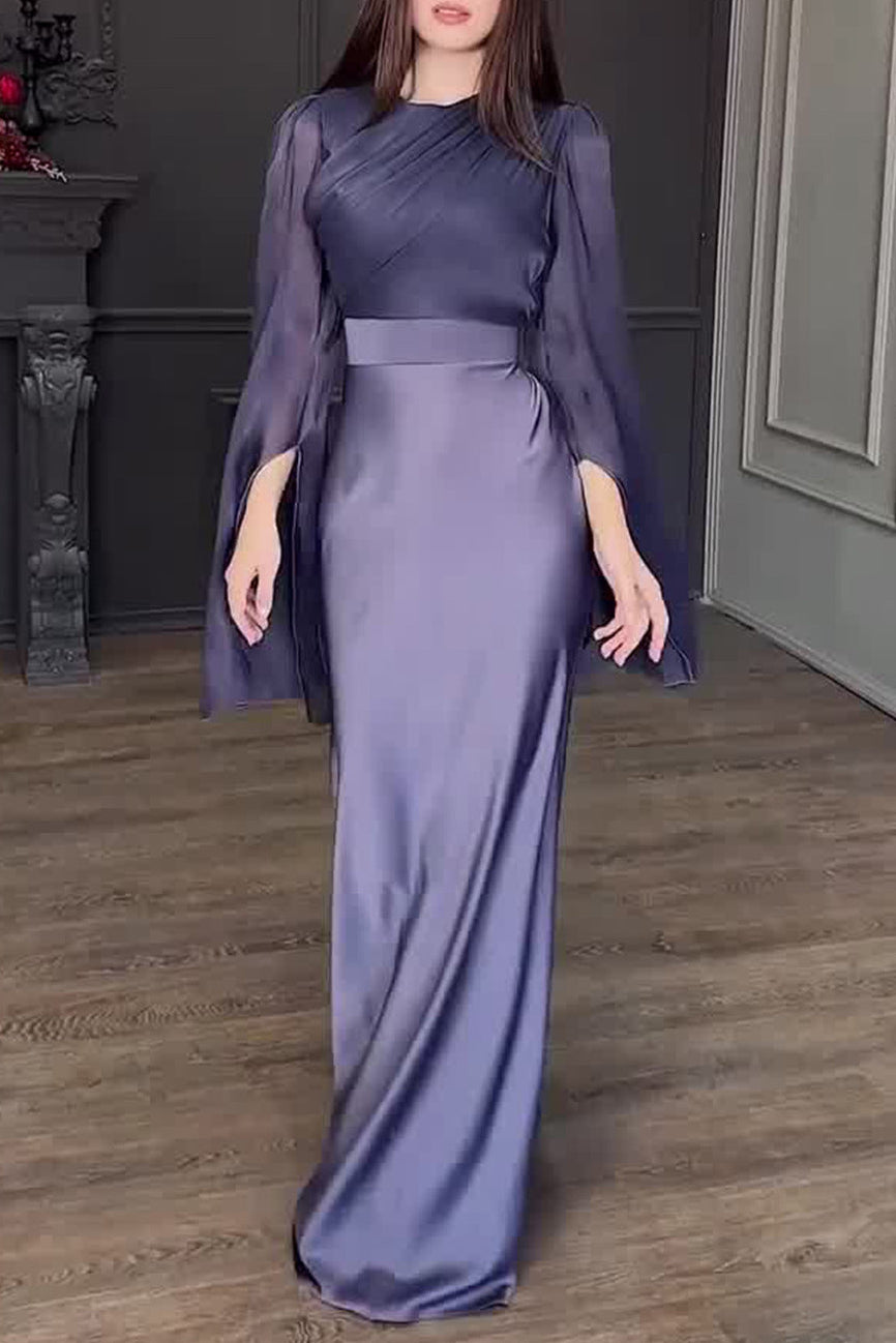 Spliced Glass Tulle Large Swing Sleeve Long Satin Slim Fit Dress