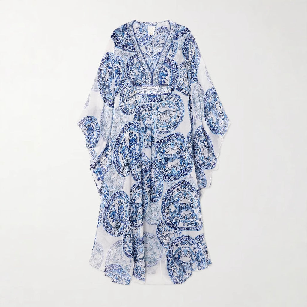 Blue and white porcelain print V-neck dress