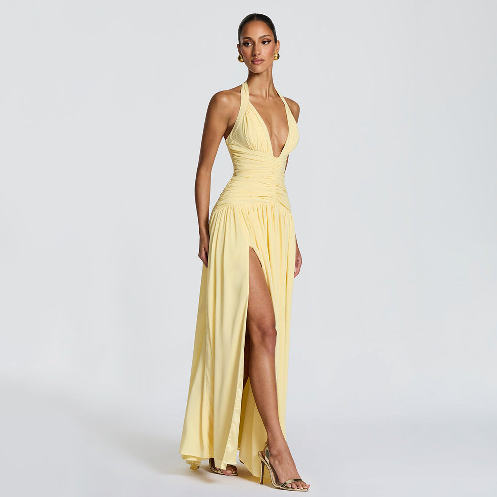 yellow halterneck slim back dress