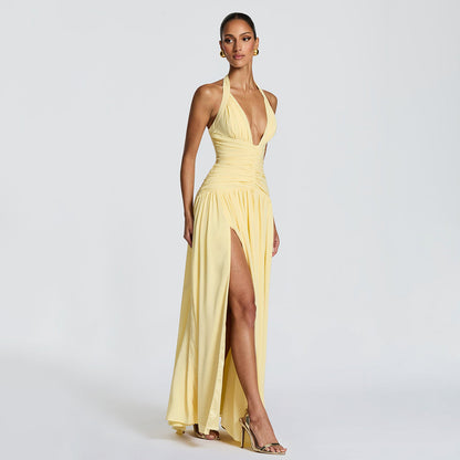 yellow halterneck slim back dress