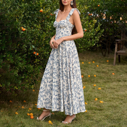 blue print slip backless waist-tied dress