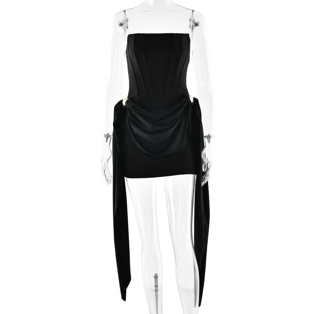 black open back bandeau streamer mini dress
