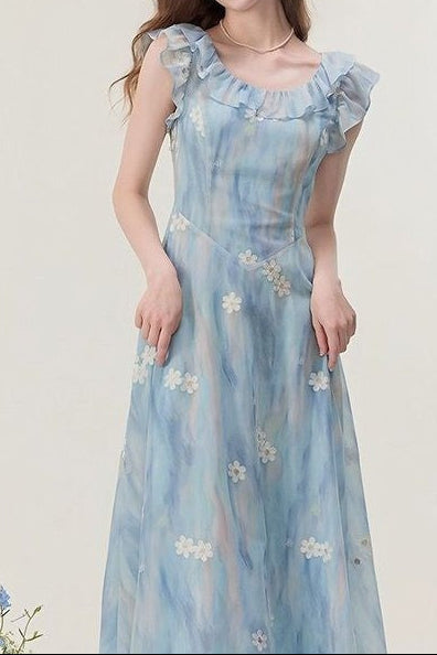 Gradient floral print U-neck maxi dress - blue