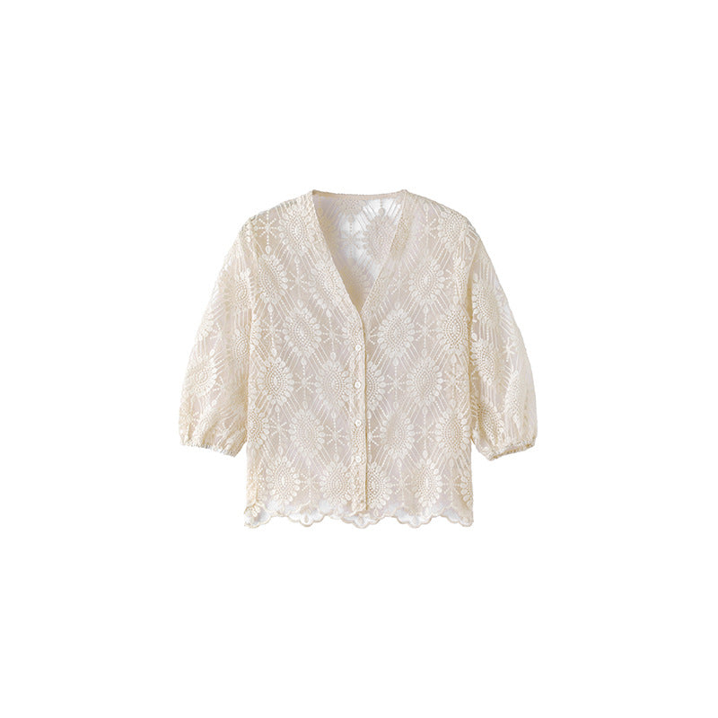 Hollow-out lace embroidered short cardigan - apricot
