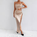 Pleated off-shoulder backless high-slit dress