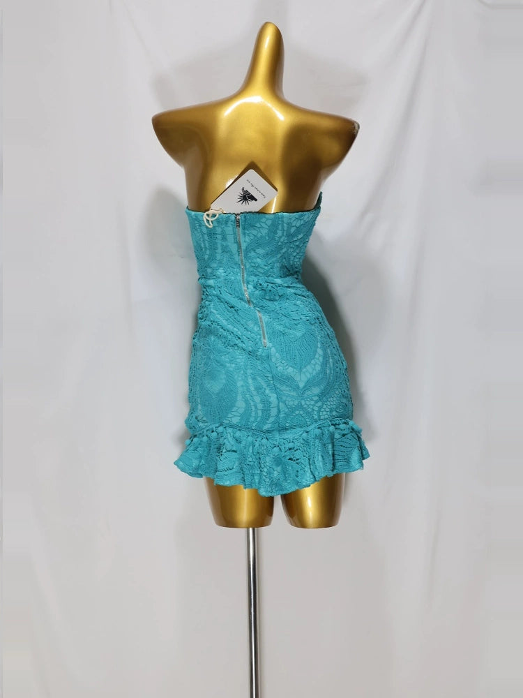 blue lace wrap chest mini dress