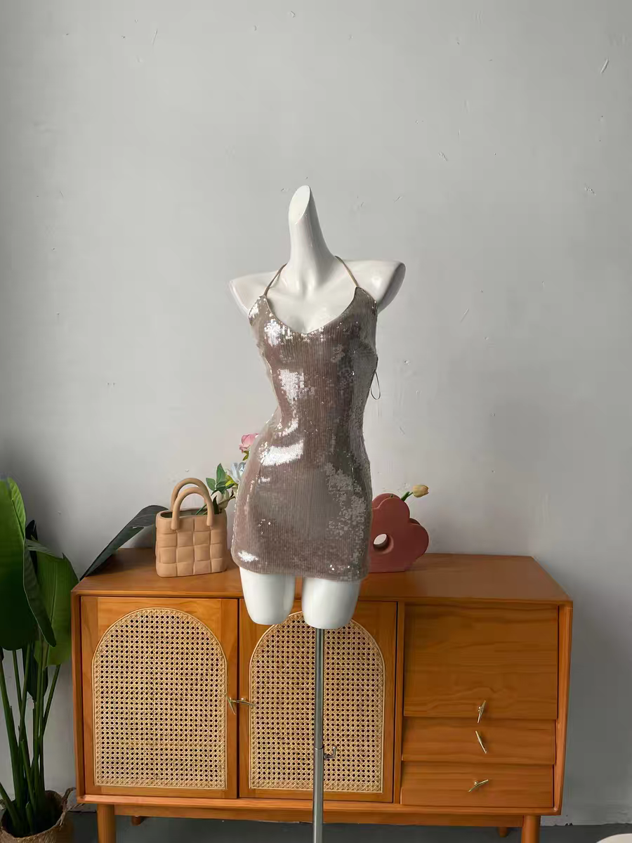 sequin suspender backless mini dress