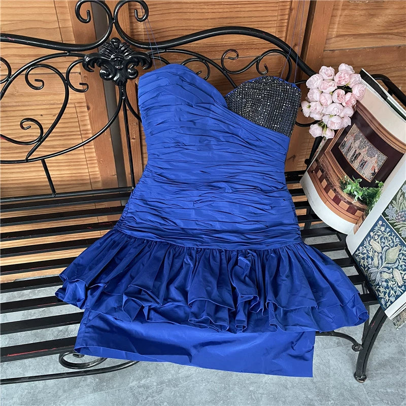 strapless Layer pinched pleated bandeau diamond ruffle slim mini dress