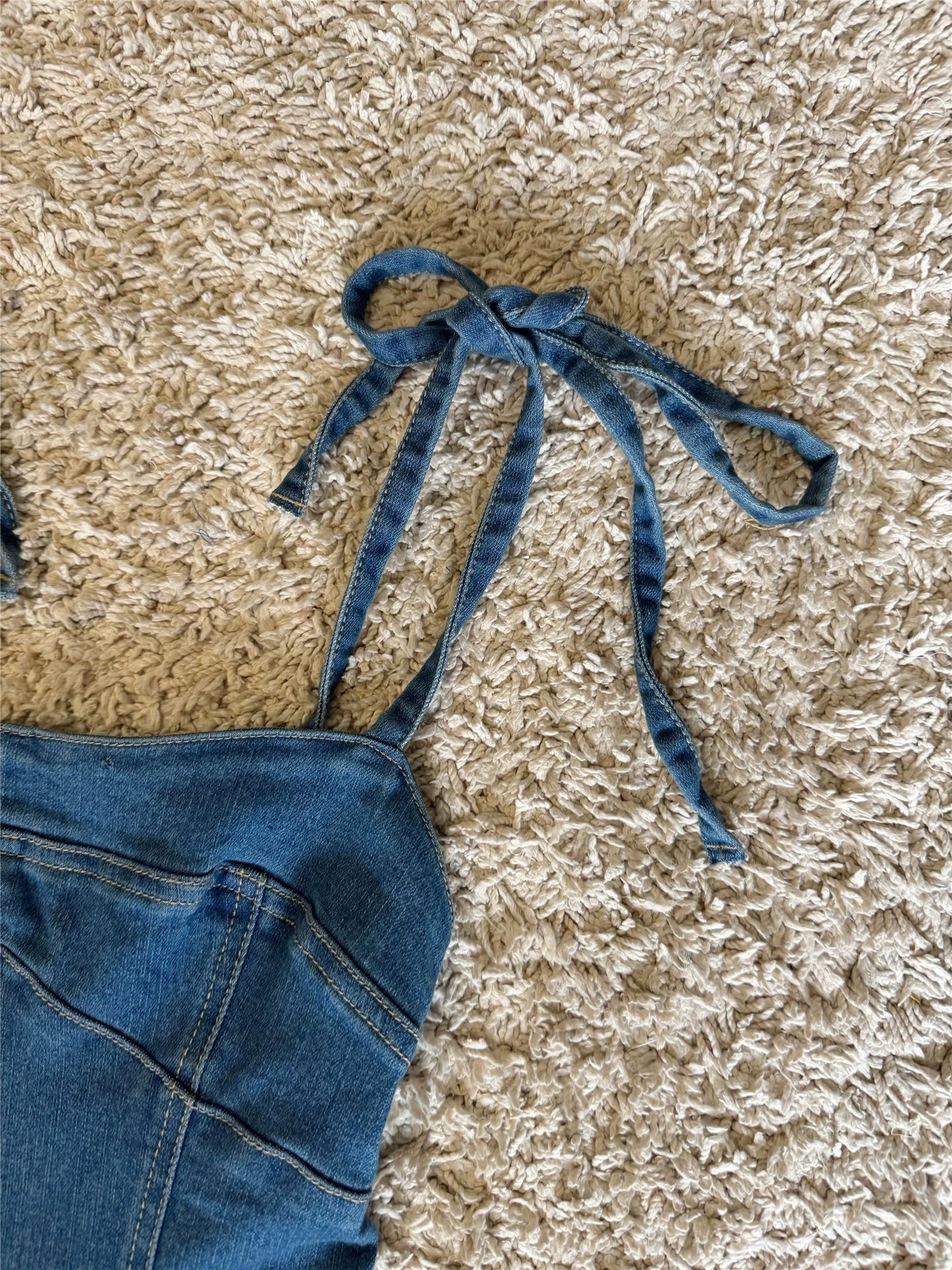 bow lace-up cotton denim dress