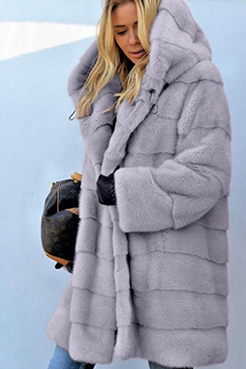 Solid Color Long Sleeve Faux Fur Hooded Warm Fur Jacket