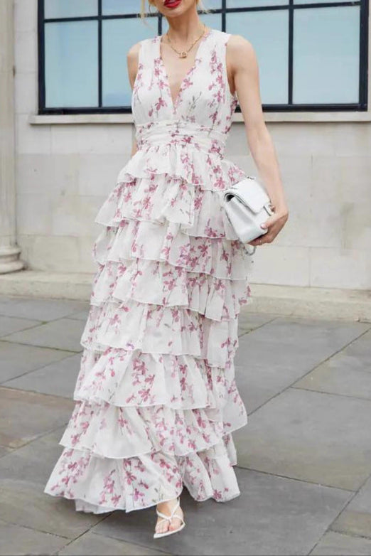 white chiffon print maxi dress