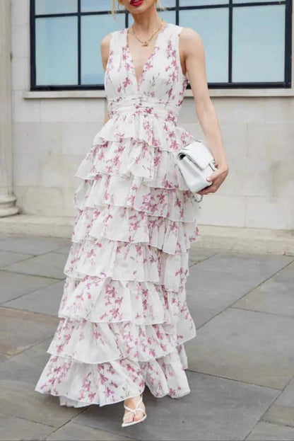 white chiffon print maxi dress