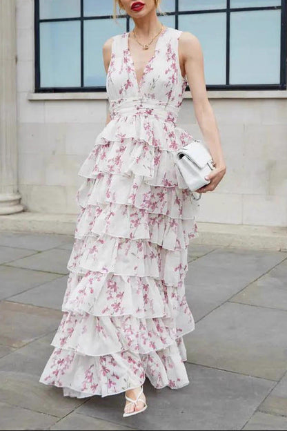 white Printed Chiffon maxi Dress