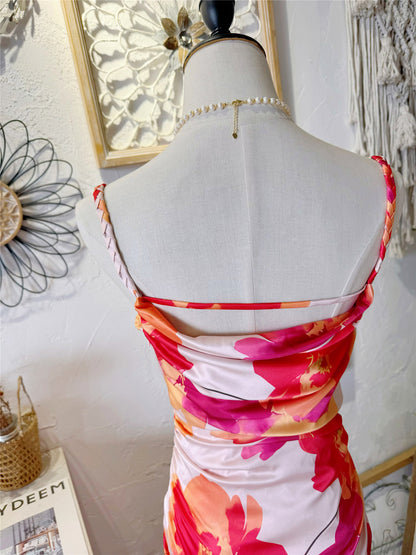 satin floral wavy collar woven spaghetti strap slit dress