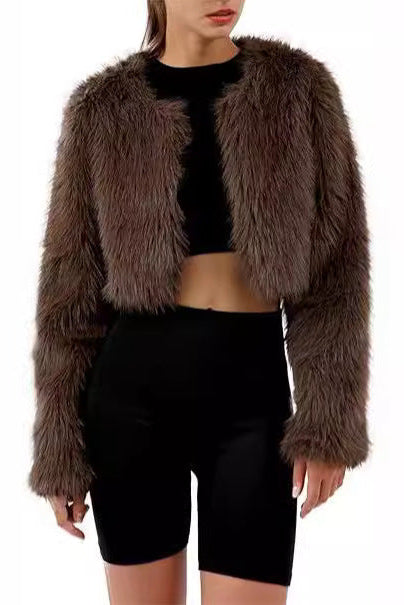 faux fur coat long sleeve collarless jacket