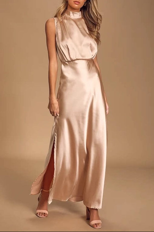 rose powder stand collar slit banquet dress