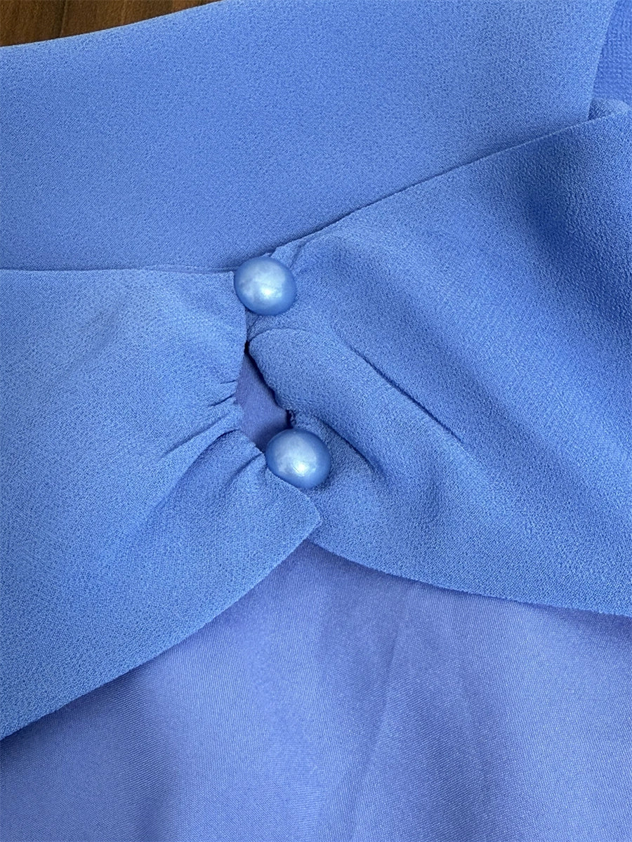 blue shoulder open back dress