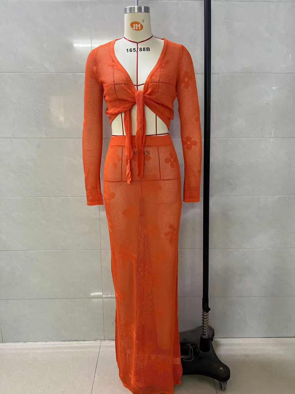 orange Hollow-out long-sleeved knitted two-piece skirt set