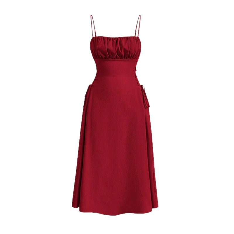 red Waist-cinching sleeveless suspender dress