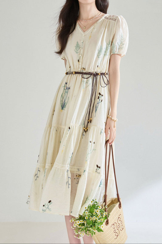 French Embroidered Tencel Pleated Textured midi Dress