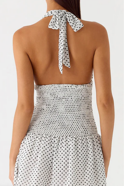 black polka dot halterneck open waist slap dress