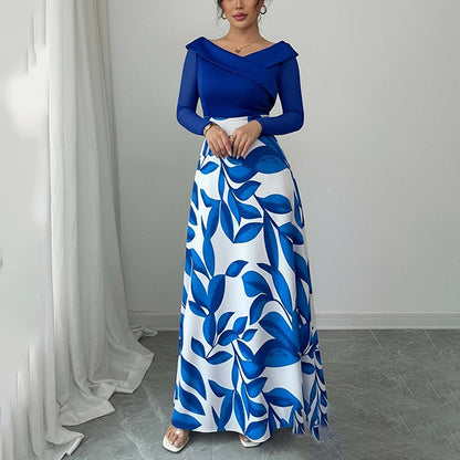blue print long sleeve waist maxi dress