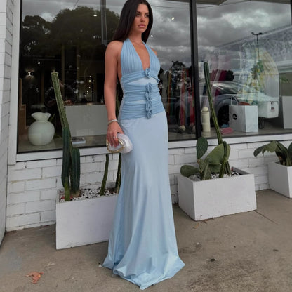 blue Floral backless halter neck tie maxi dress